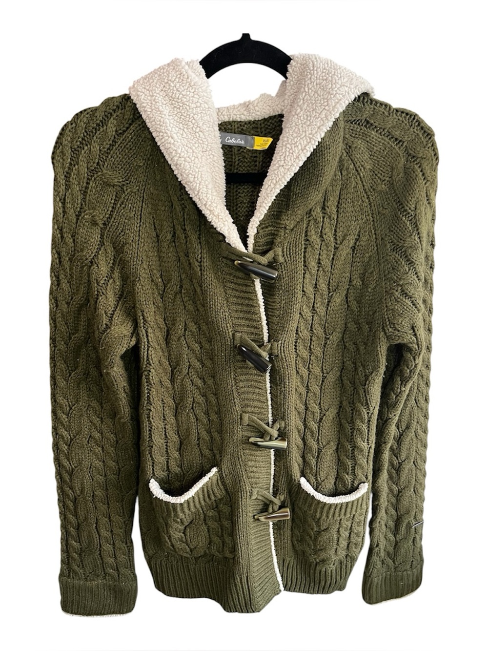 Cabela’s Chunky Cable Knit Sherpa Lined Hooded Toggle Cardigan Sweater XL